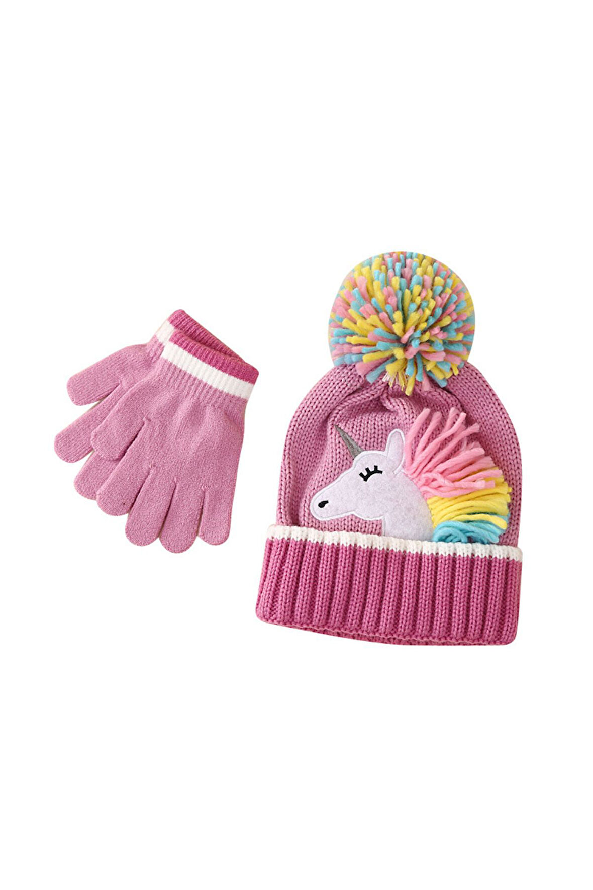 Petityu Unicorn Aplikeli Örme Bere Ve Eldiven İkili Set
