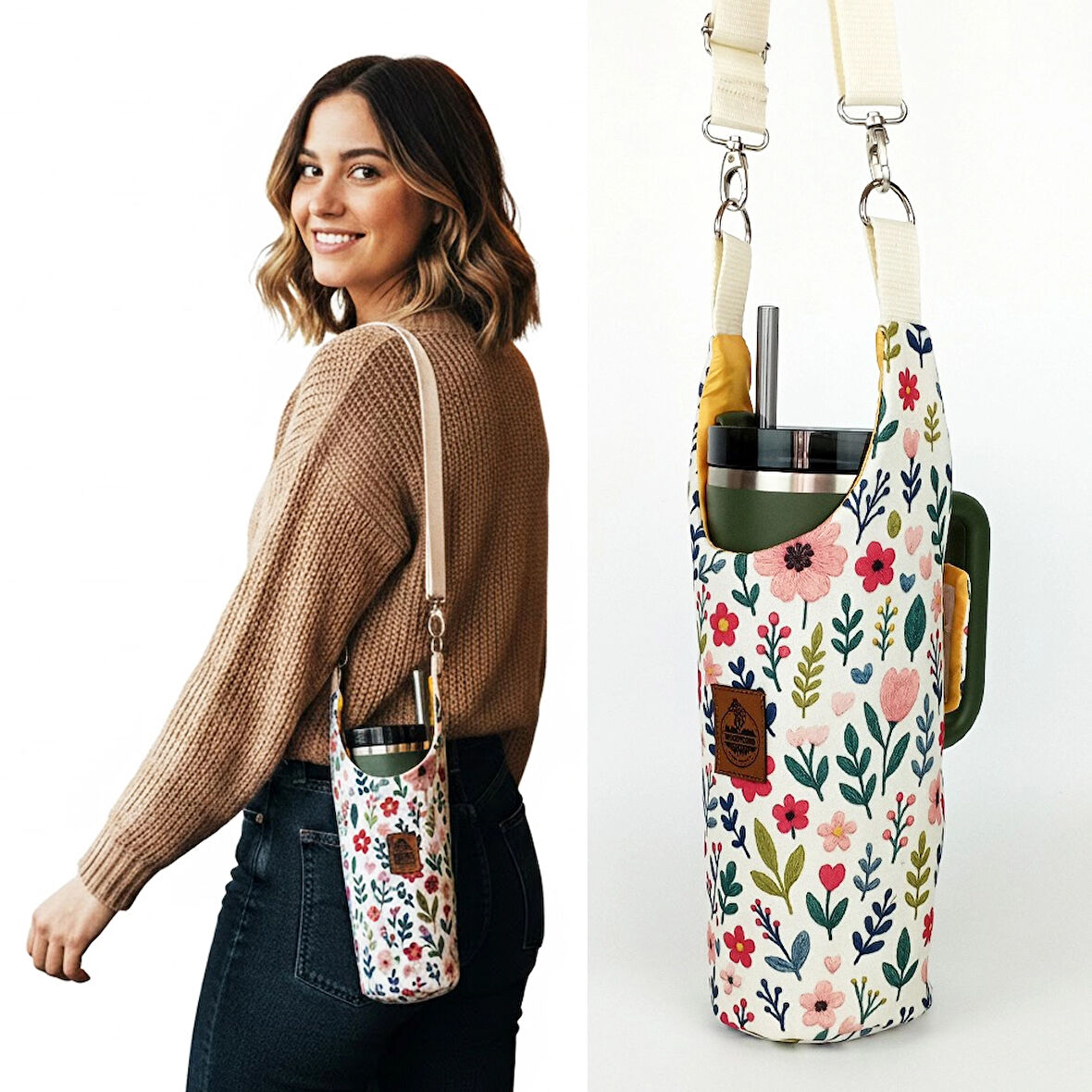 Woodycord Çıtı Pıtı Çiçek Desenli Termos Kılıfı Kulplu Model Quencher Pipetli 1,18