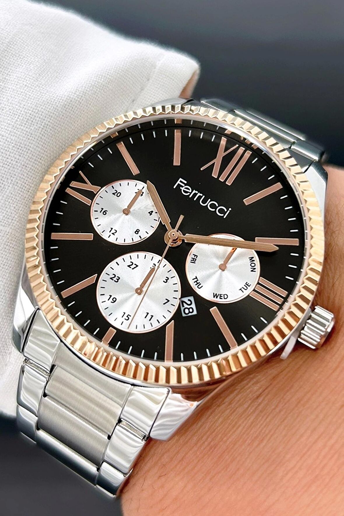 Ferrucci Takvim Özellikli Rose Gold Çelik Kasa, Gümüş Çelik Kordon Erkek Kol Saati zmfer065