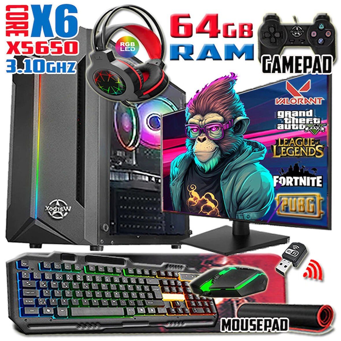 WarboX Monkey Xeon X5650 64gb Ram 256gb Ssd 250gb Hdd R7 240-4gb E.kartı 19" Monitör Gaming Bilgisayar