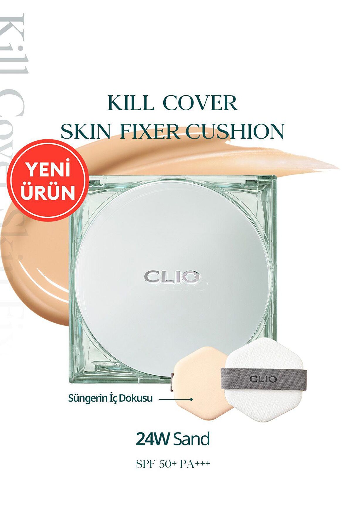 Gün Boyu Kalıcı Mat Cushion Fondöten CLIO Kill Cover Skin Fixer Cushion (24W Sand) SPF50+ PA+++