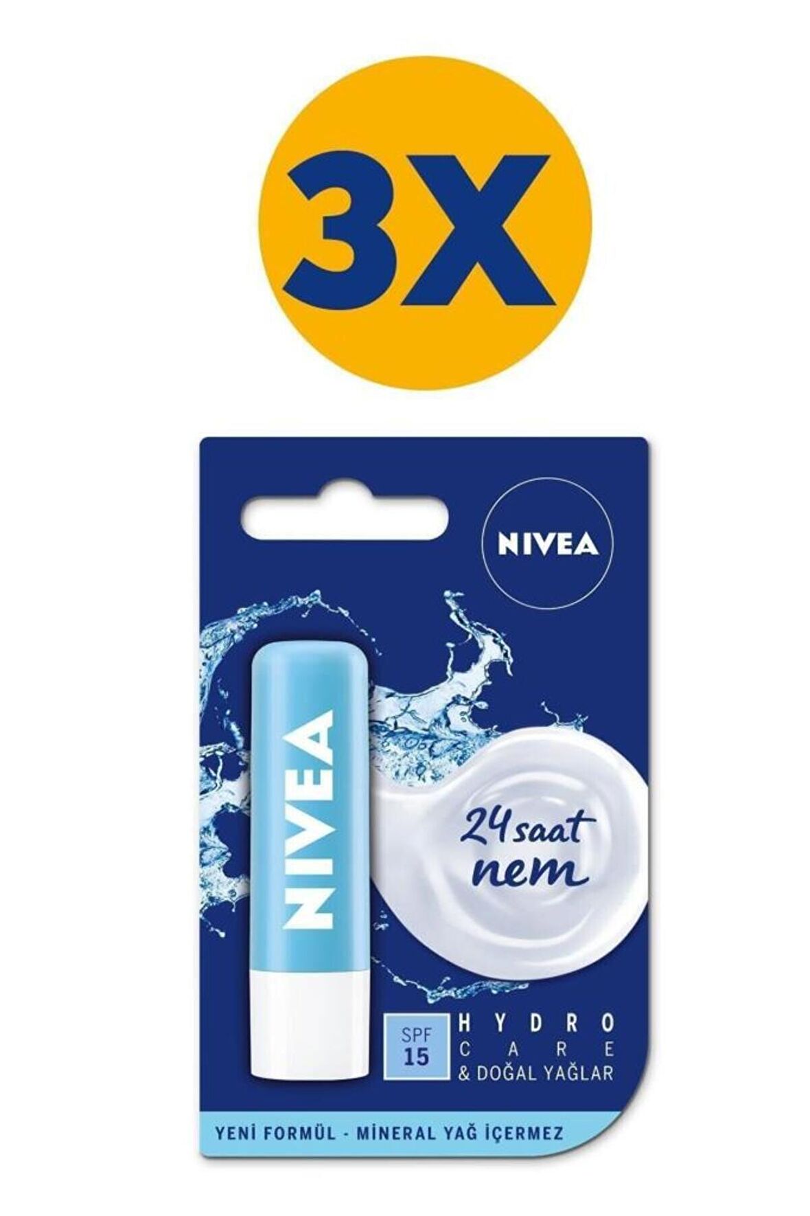 Nivea Renksiz Dudak Bakım Kremi Hydro Care 4.8gr, 24 Saat Nem, Spf15, Güneş Koruyucu, X3 Adet