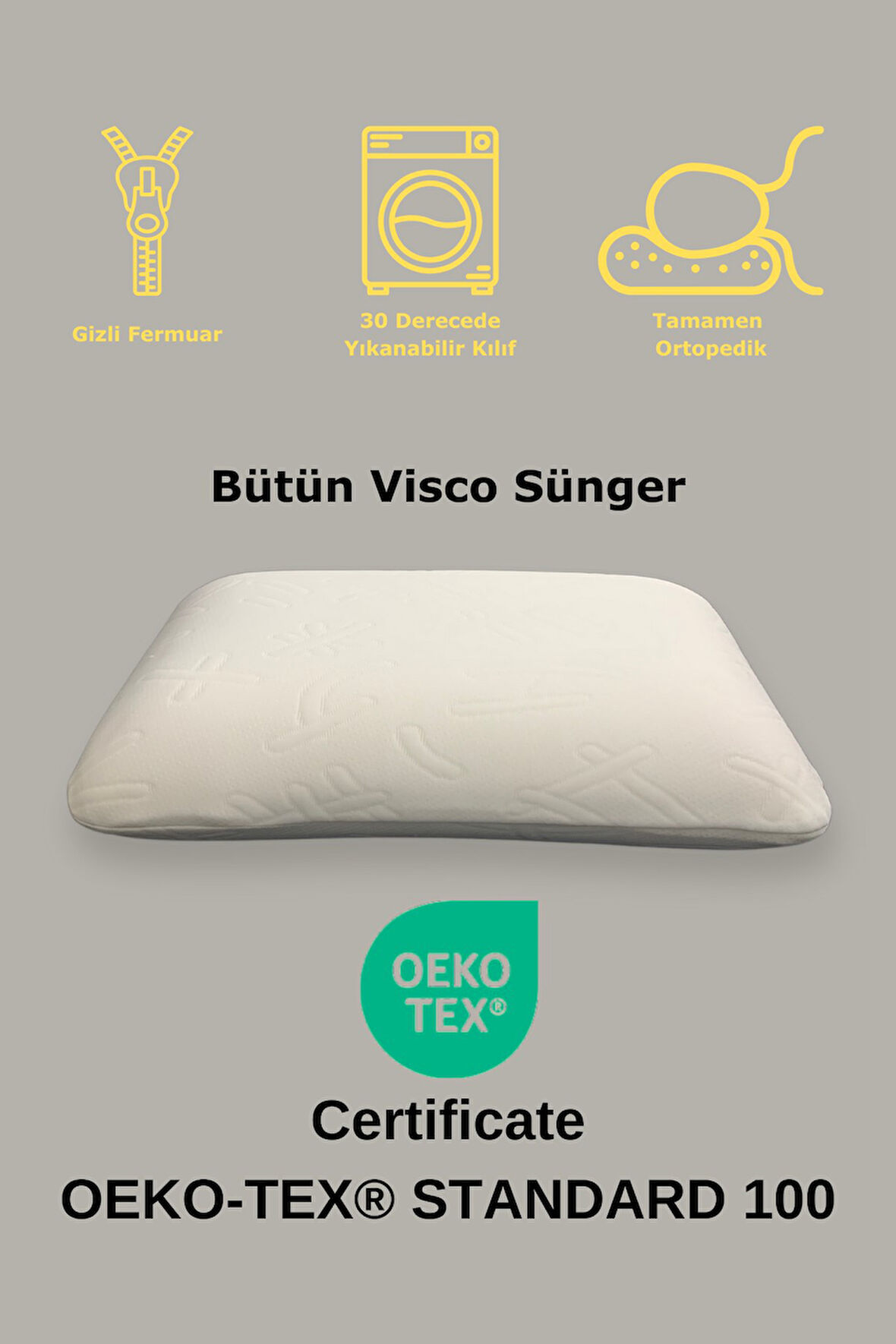 Rudu Ortopedik, Sertifikalı Visco Sünger Yastık 60x40x15 cm 1250 gr Omuz/Boyun Destekli