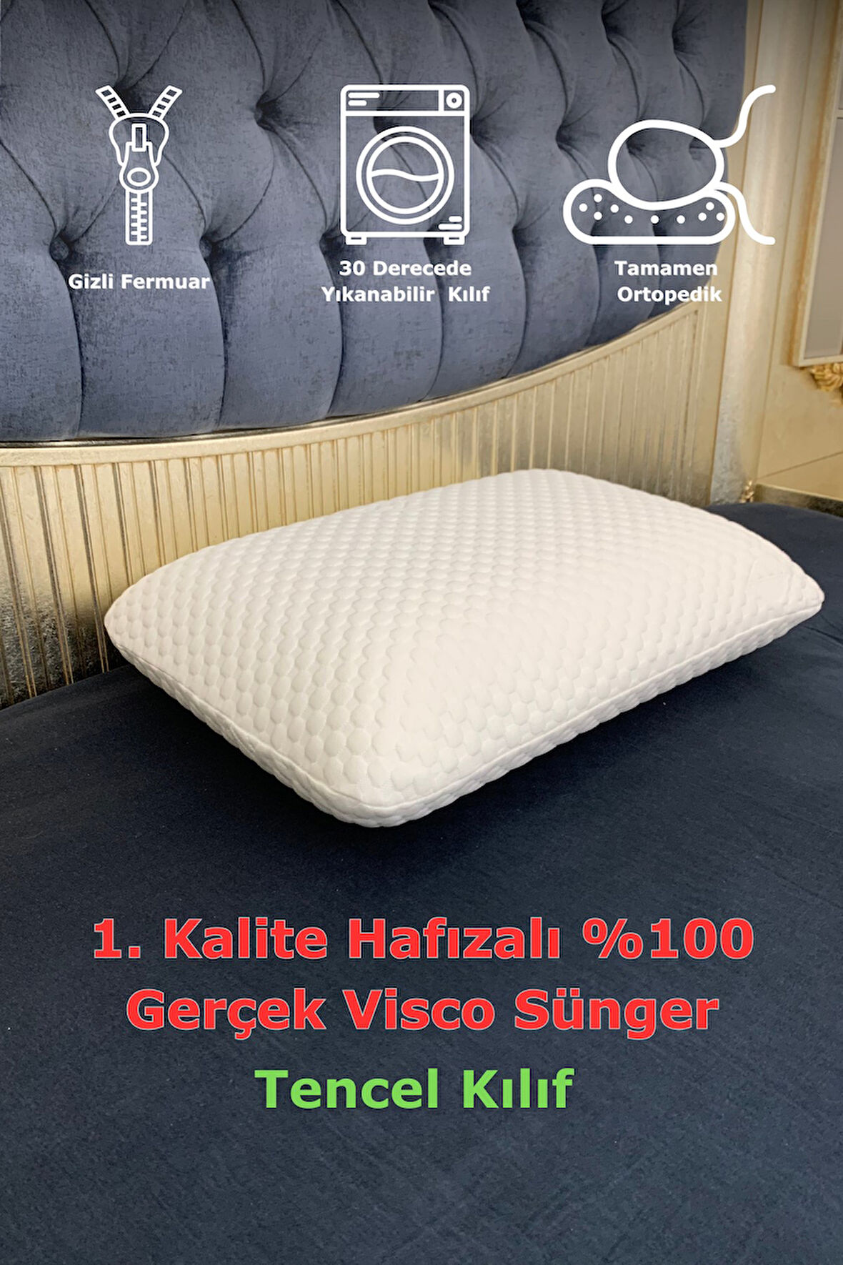 Rudu Tencel Kılıf, Ortopedik, Sertifikalı Visco Sünger Yastık 60x40x15 cm 1250gr Omuz/Boyun Destekli