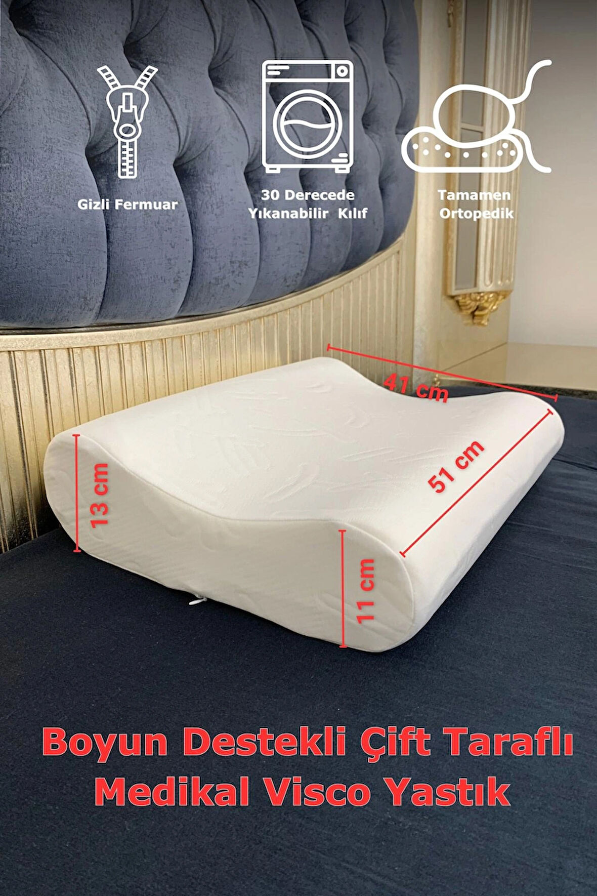 Rudu Medical/Medikal, Boyun Destekli Çift Taraflı Ortopedik Visco Visko Yastık 51x41x13-11cm 1250gr