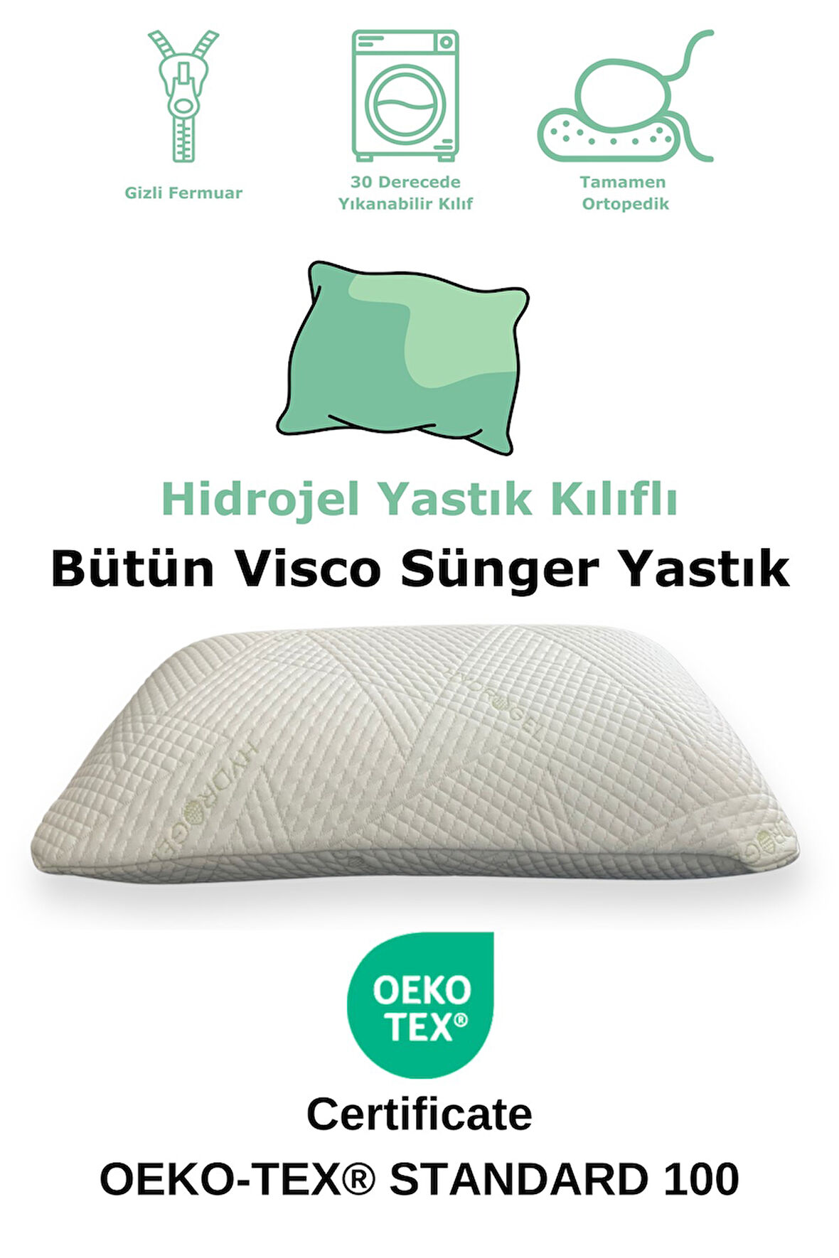 Rudu Hidrojel Hydrogel Kılıf Visco Visko Bütün Sünger Yastık 60x40x15 cm 1350 gr Omuz/Boyun Destekli