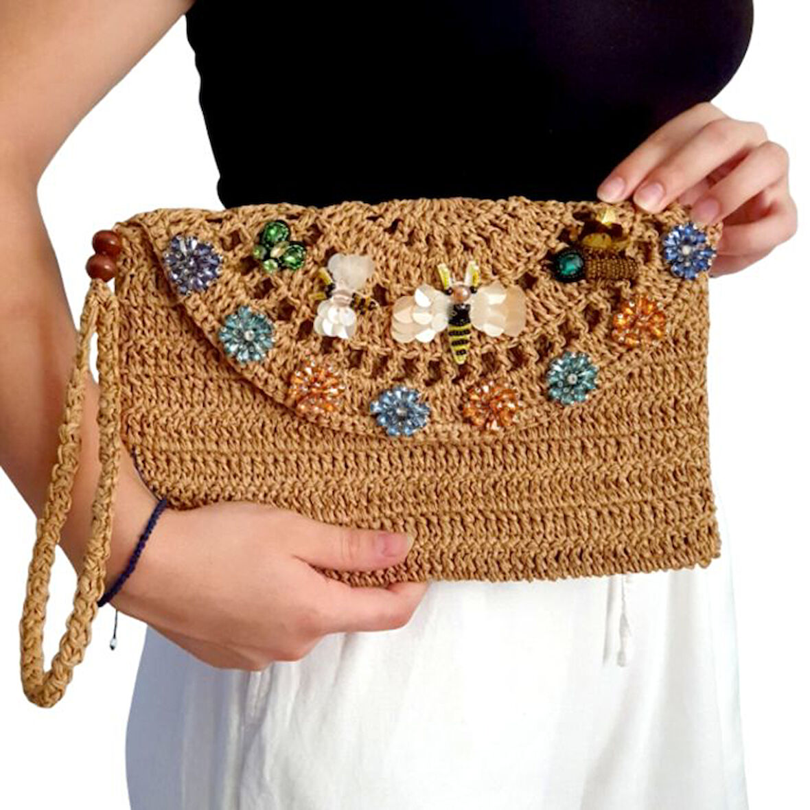 Uretti - Sümeyya 2589 7027 El Yapımı Boncuk ve Taş İşlemeli Kağıt İp Clutch Çanta