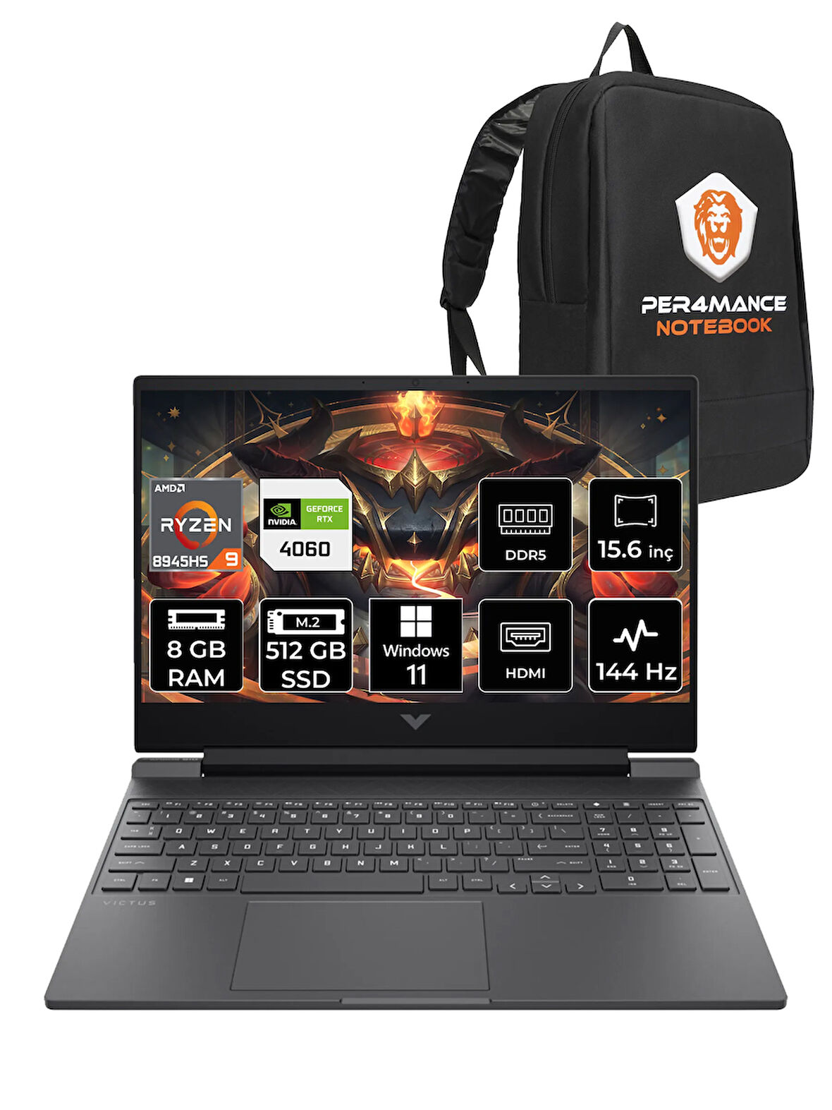 HP Victus 15 R9 8945HS 8GB RAM 512GB SSD RTX4060/8GB 144Hz 15.6'' FHD W11H Gaming Laptop & PER4 ÇAN