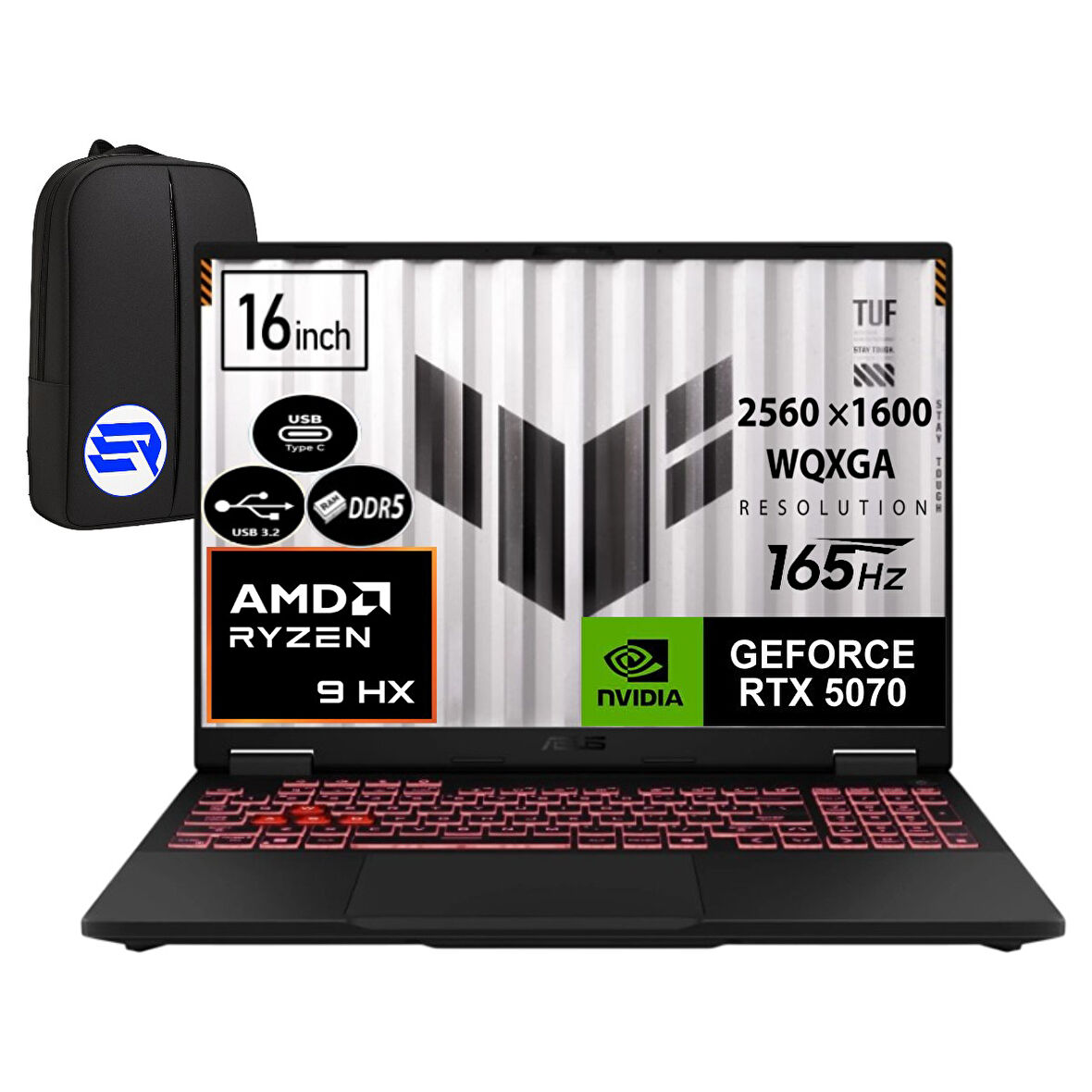Asus Tuf A16 FA608PP-QT031 RTX5070 Ryzen 9 8940HX 32GB Ram 1tb SSD 16 Inç Wqxga 165Hz WIN11 Pro + Elektropasaj Çanta
