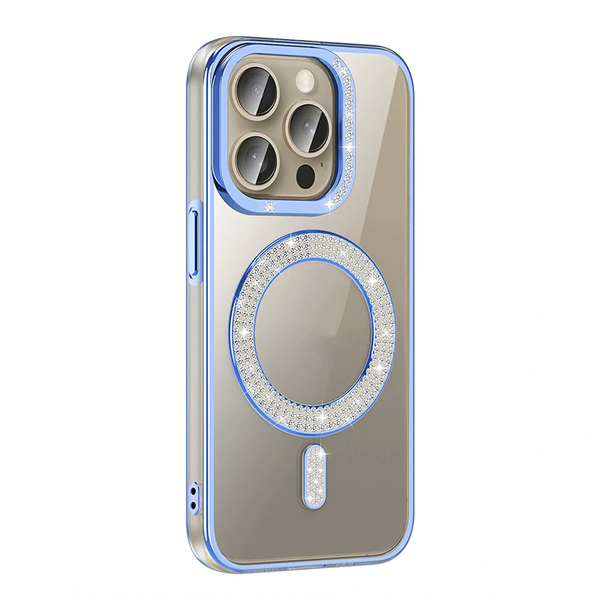Apple iPhone 15 Pro Max Kılıf Pırlanta Taş Tasarımlı Magsafe Şarj Özellikli Redclick Karetta Silikon Kapak