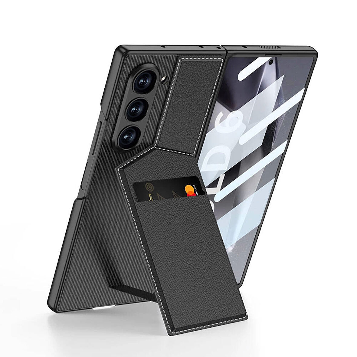 Galaxy Z Fold 6 Kılıf Karbon Fiber Deri Kartlıklı Redclick Kıpta Dik Açılan Kartlıklı Kapak