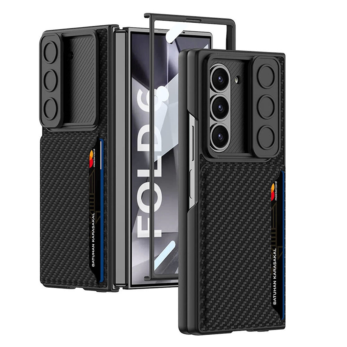 Galaxy Z Fold 6 Kılıf Kamera Korumalı Karbon Fiber Arka Yüzey Redclick Kartlıklı Kıpta Sert Kapak