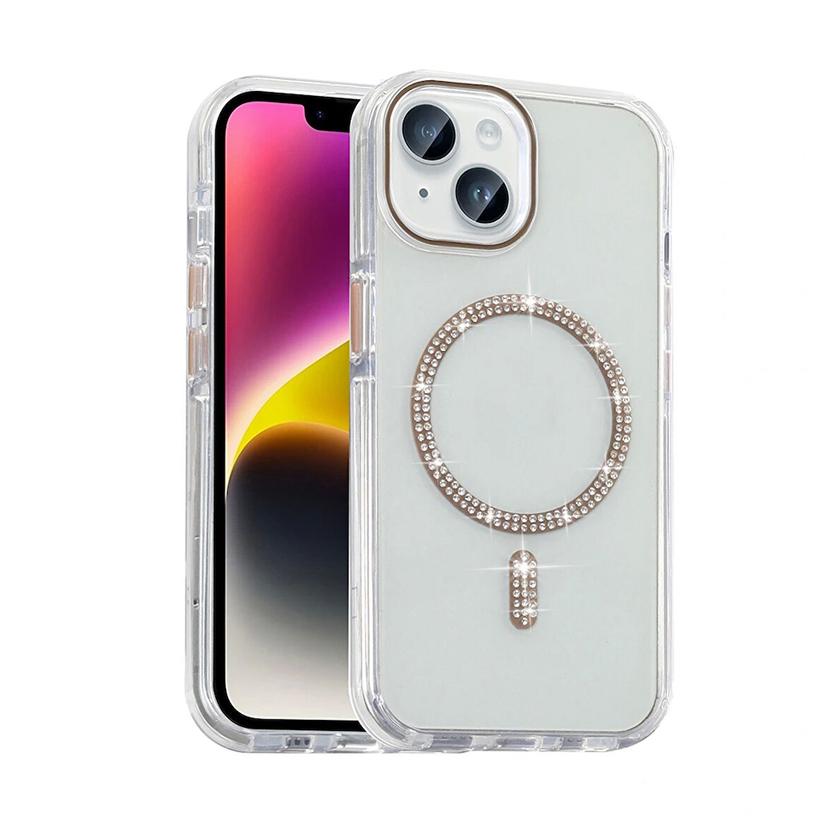 Apple iPhone 13 Kılıf Taşlı Tasarım M-safe Şarj Özellikli Redclick Koment Silikon Kapak