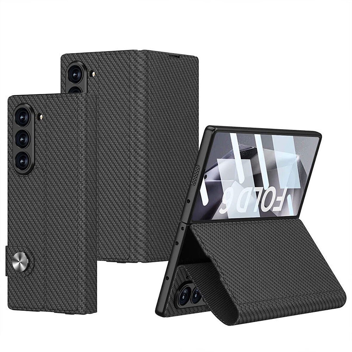 Galaxy Z Fold 6 Kılıf Karbon Fiber Tasarımlı Magnetik Tokalı Kartlıklı Redclick Kıpta Zegna Kapak