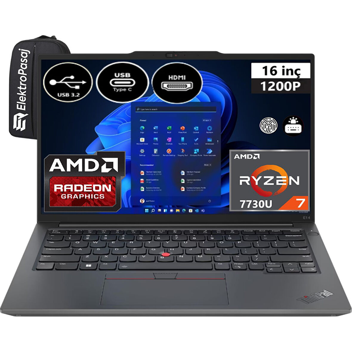 Thinkpad E16 Gen 1 21JT0017TX-EP4 Ryzen 7 7730U 16 GB Ram 1 Tb SSD 16" Wuxga Windows 11 Pro + Elektropasaj Çanta