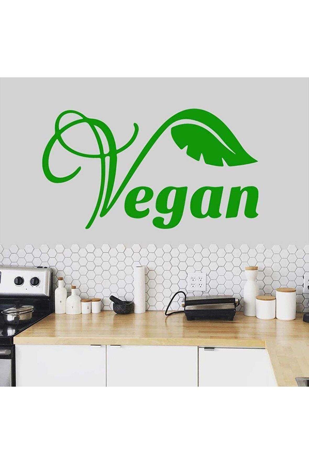 Vegan Yazılı Yaprak Silüet Dekoratif Duvar Sticker, Çıkartma, Etiket Yeşil