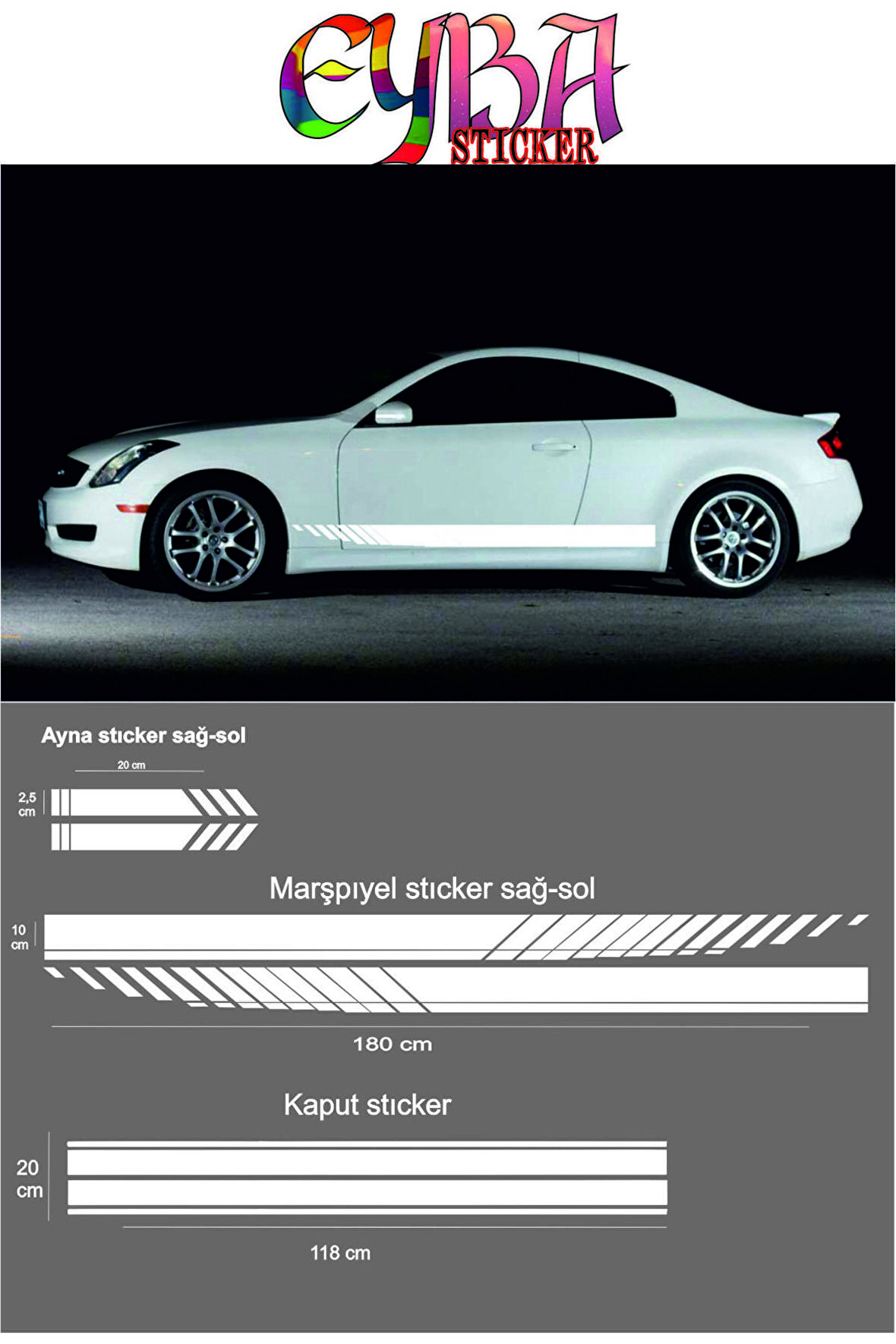 Oto Kaput-Marşpiyel-Yan Ayna Sticker 5 Li Set 180*10-90*20-20*2,5 Cm Sport 3