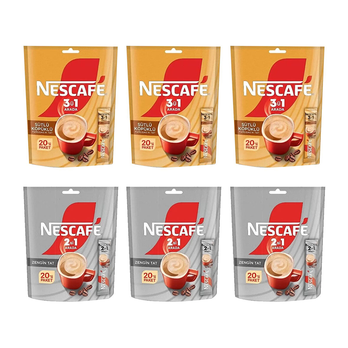 Nescafe 2 si 1 Arada 10 gr ve 3 ü 1 Arada 17,4 gr 20 li x 6 lı Karma Paket