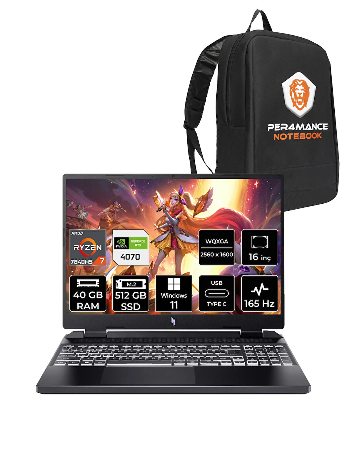 Acer Nitro 16 R7 7840HS 40GB 512GB SSD RTX4070/8GB 165Hz WQXGA 16" W11P Gaming Laptop & PER4 ÇANTA