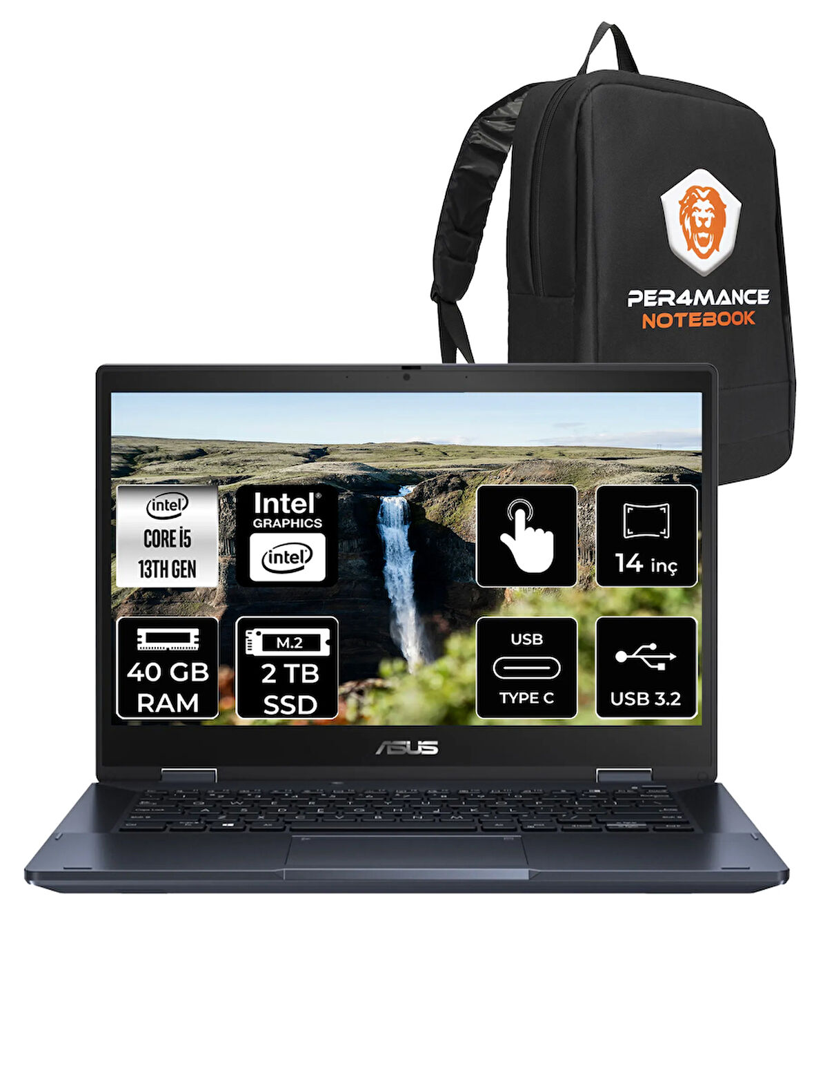 ASUS Expertbook B3 Flip i5 1335U 40GB RAM 2TB SSD 14" FHD FDOS Dokunmatik Bilgisayar & PER4 ÇANTA