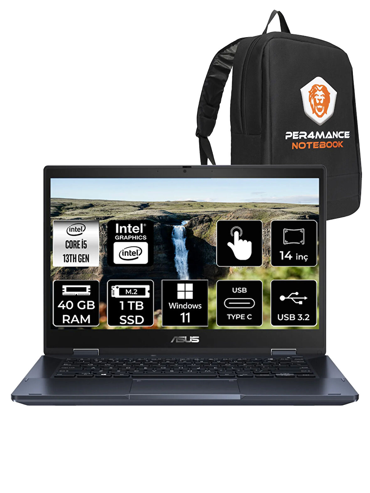 ASUS Expertbook B3 Flip i5 1335U 40GB RAM 1TB SSD 14" FHD W11H Dokunmatik Bilgisayar & PER4 ÇANTA