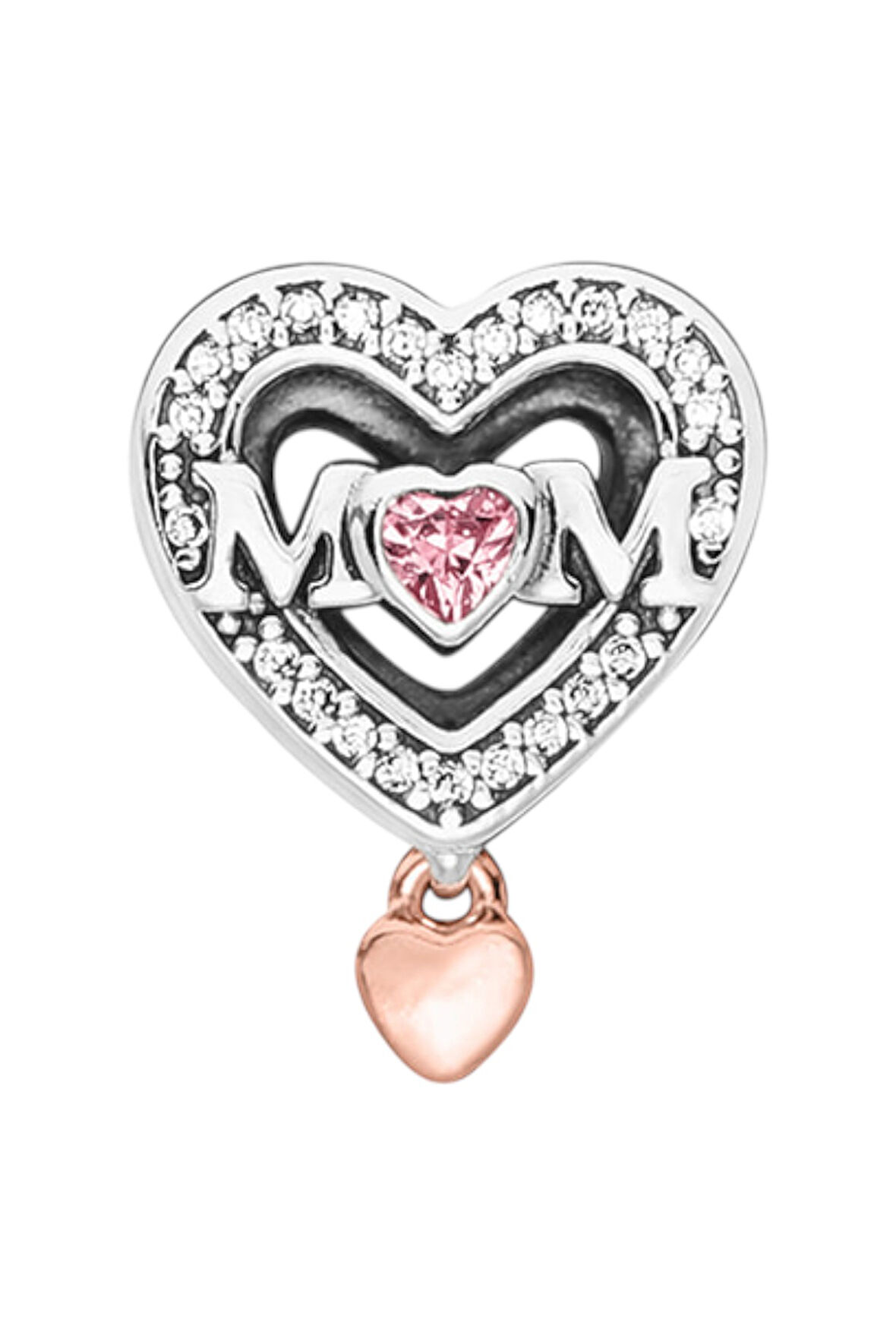 İki Renkli Pembe Taşlı Anne Kalbi Charm | 925 Ayar Gümüş