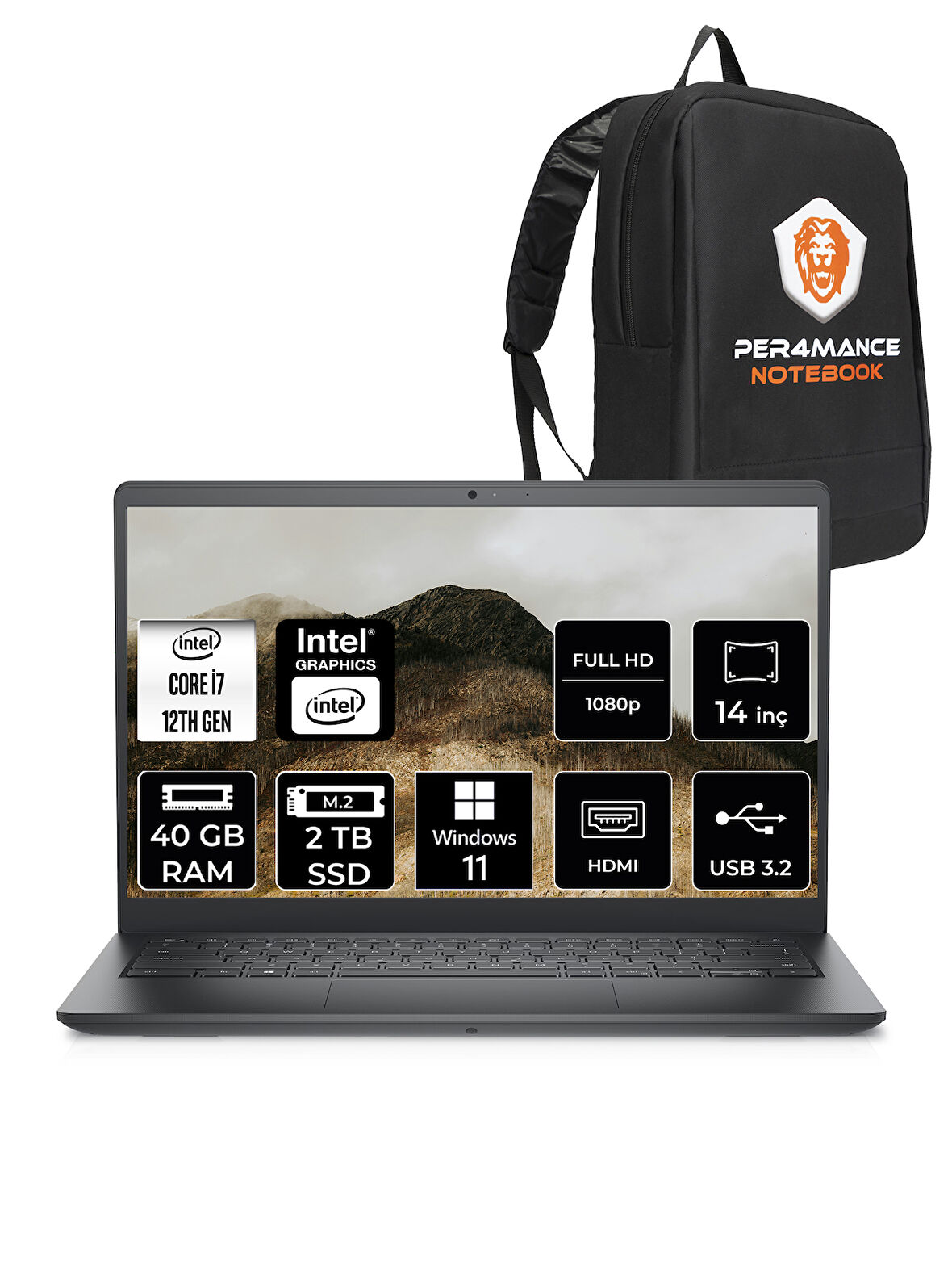Dell Vostro 3420 Intel Core i7 1255U 40GB 2TB SSD 14" FHD W11H Taşınabilir Bilgisayar & PER4 Çanta