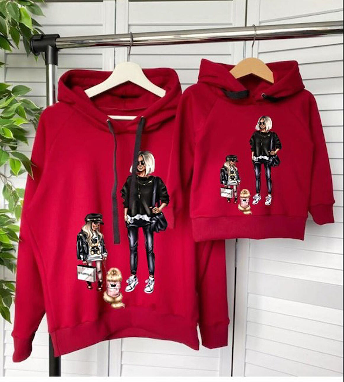 MODAVALS KAPİŞONLU ANNE KIZ KÖPEK BASKILI ANNE KIZ SWEATSHIRT KOMBİN-KIRMIZI