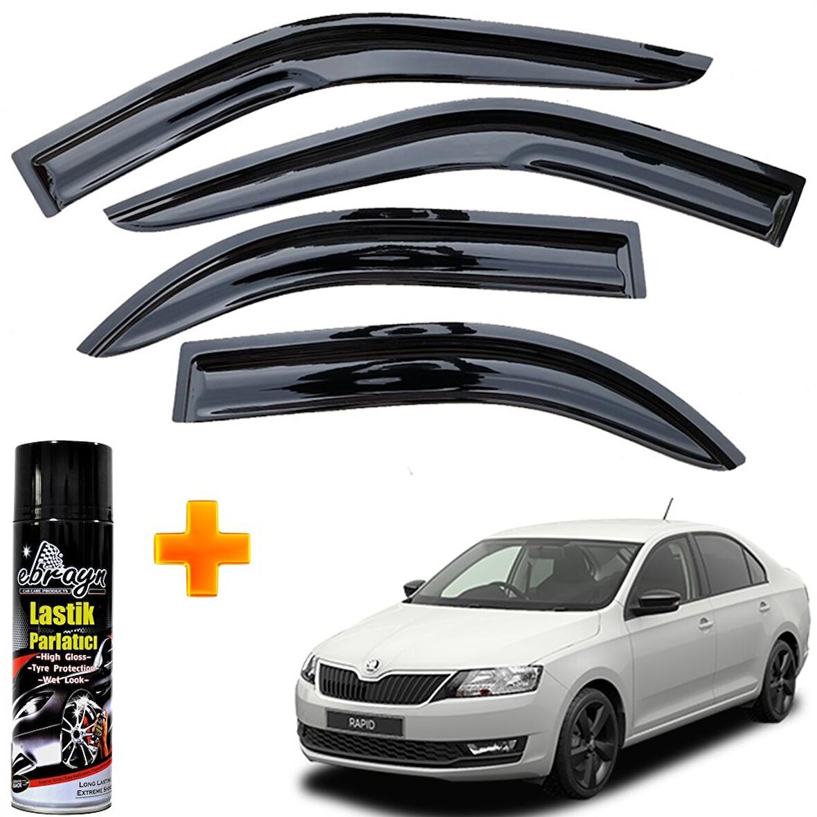 Skoda Rapid Sedan Mügen Cam Rüzgarlığı 2012 Sonrası 4 Lü Takım +500ml Lastik Parlatıcı