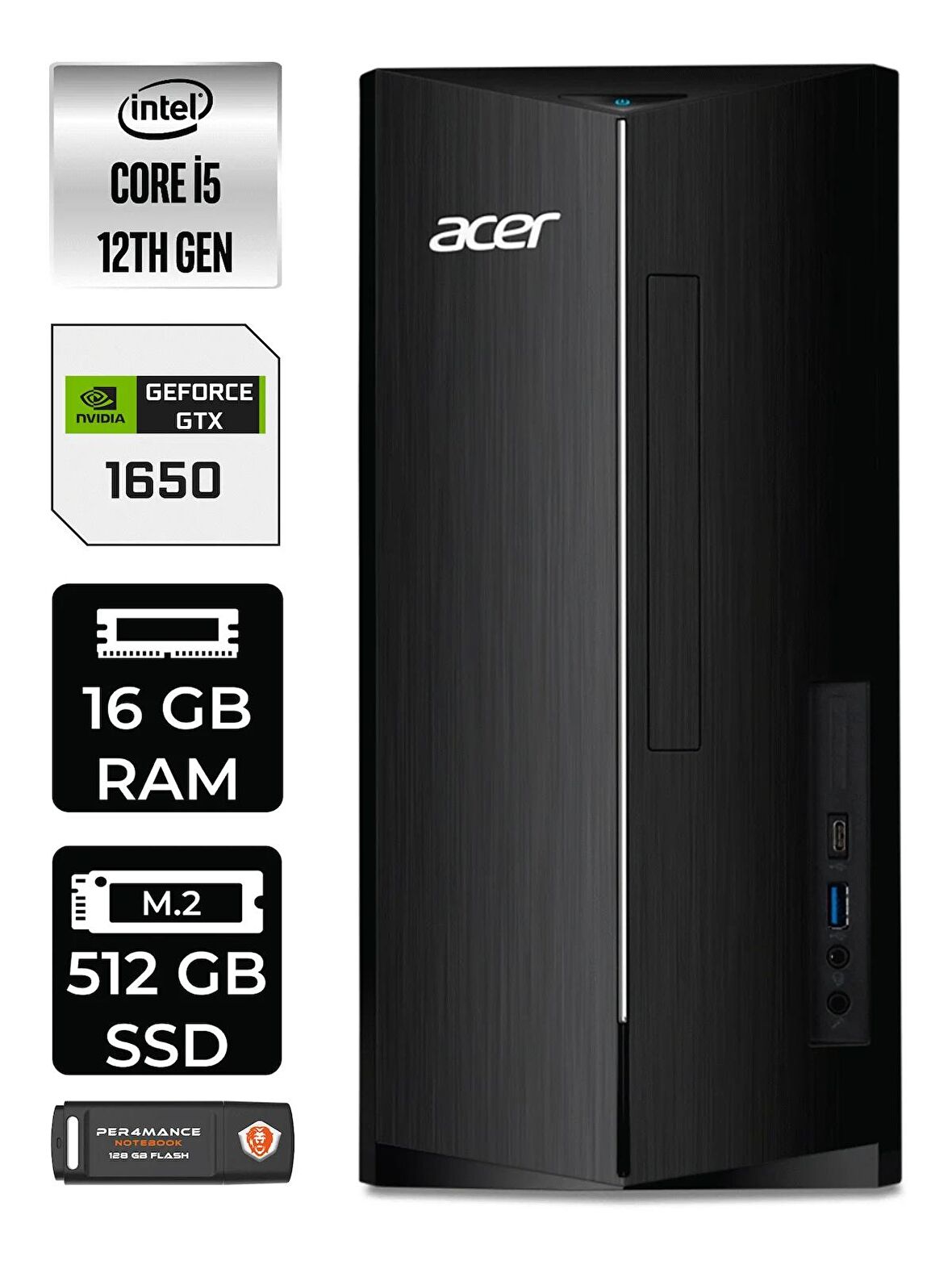 ACER ASPİRE i5 12400 16GB RAM 512GB SSD GTX1650/4GB W11PRO DT.BHUEM.005 MASAÜSTÜ PC & PER4 BELLEK