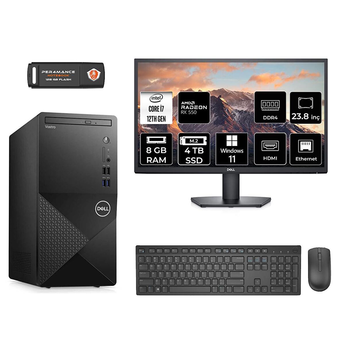 Dell Vostro 3910MT i7 12700 8GB 4TB SSD RX550/4GB W11P N7598VDT3910 MASAÜSTÜ PC & 23.8" MONİTÖR