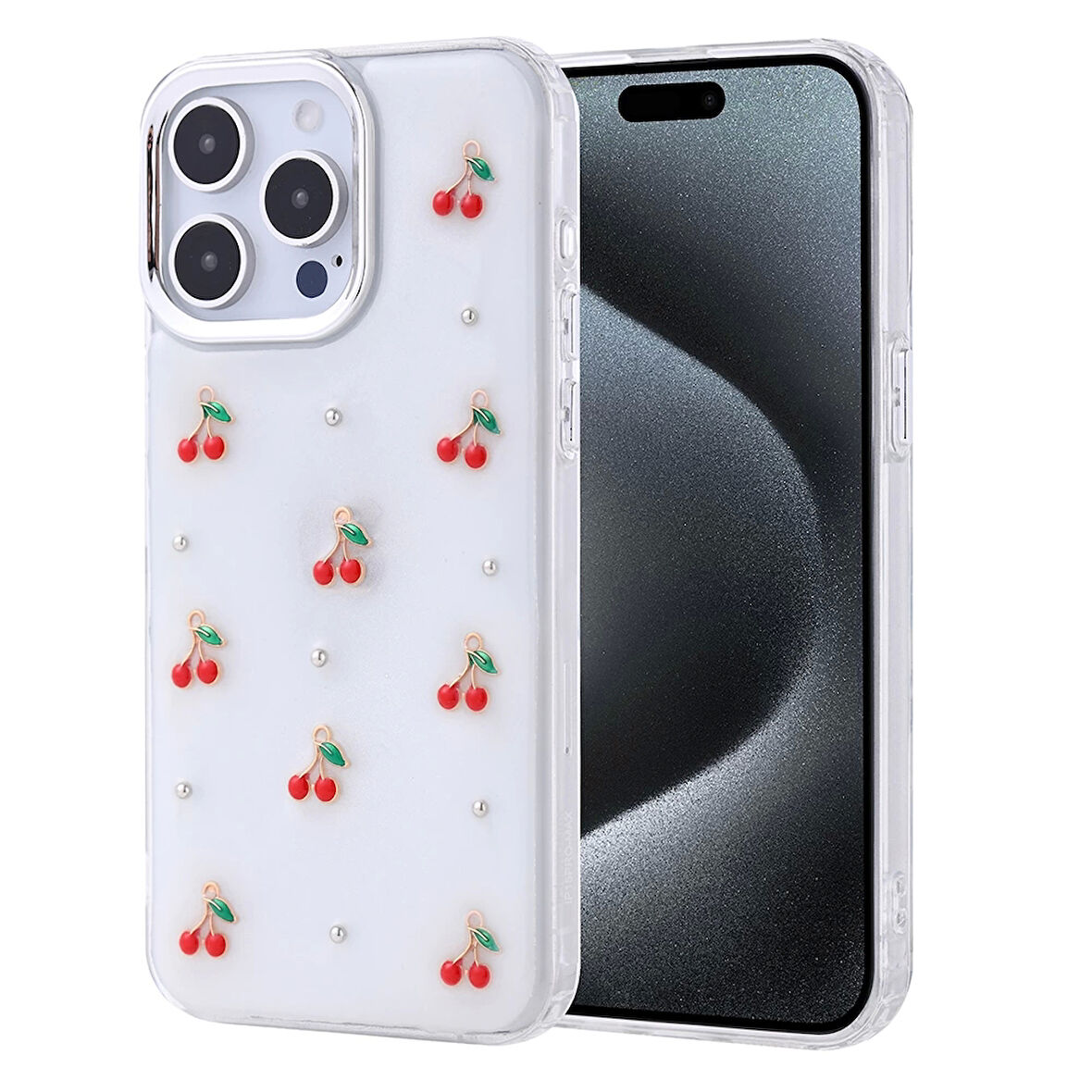 Apple İphone 15 Pro Max Telefon Kılıfı Şeffaf Simli Tasarım Kapak Fiyonk, Kiraz, Yıldız, Lale Desenli