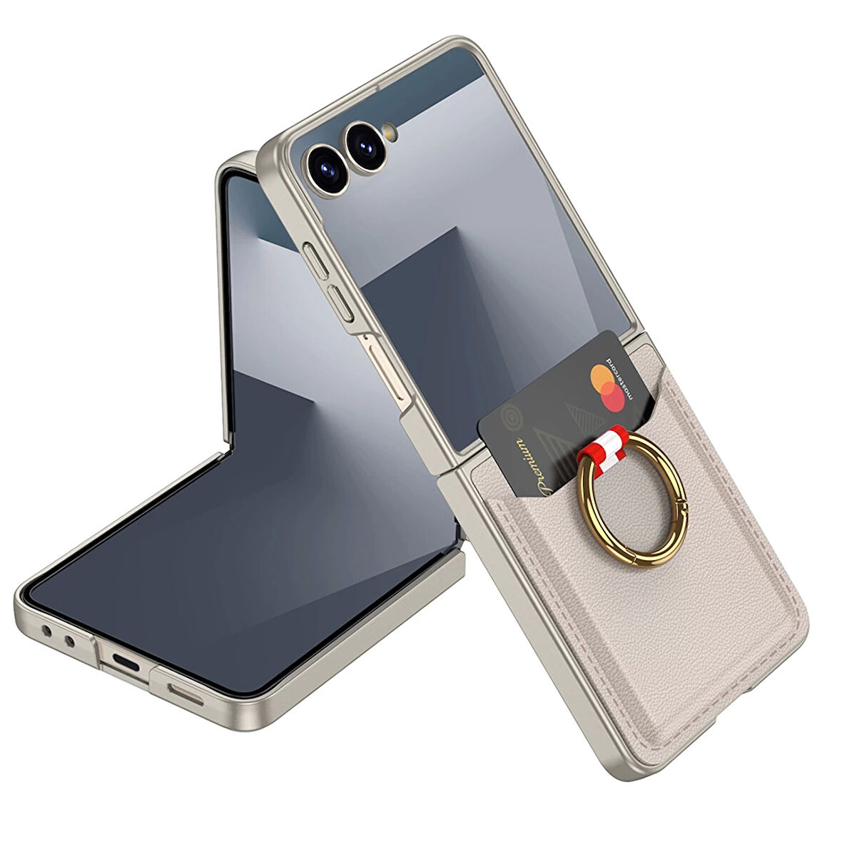 Samsung Galaxy Z Flip 7 Kıpta Yüzüklü Kartlıklı Kapak - Şık Koruma, Kredi Kart Yuvası, Stand Özelliği