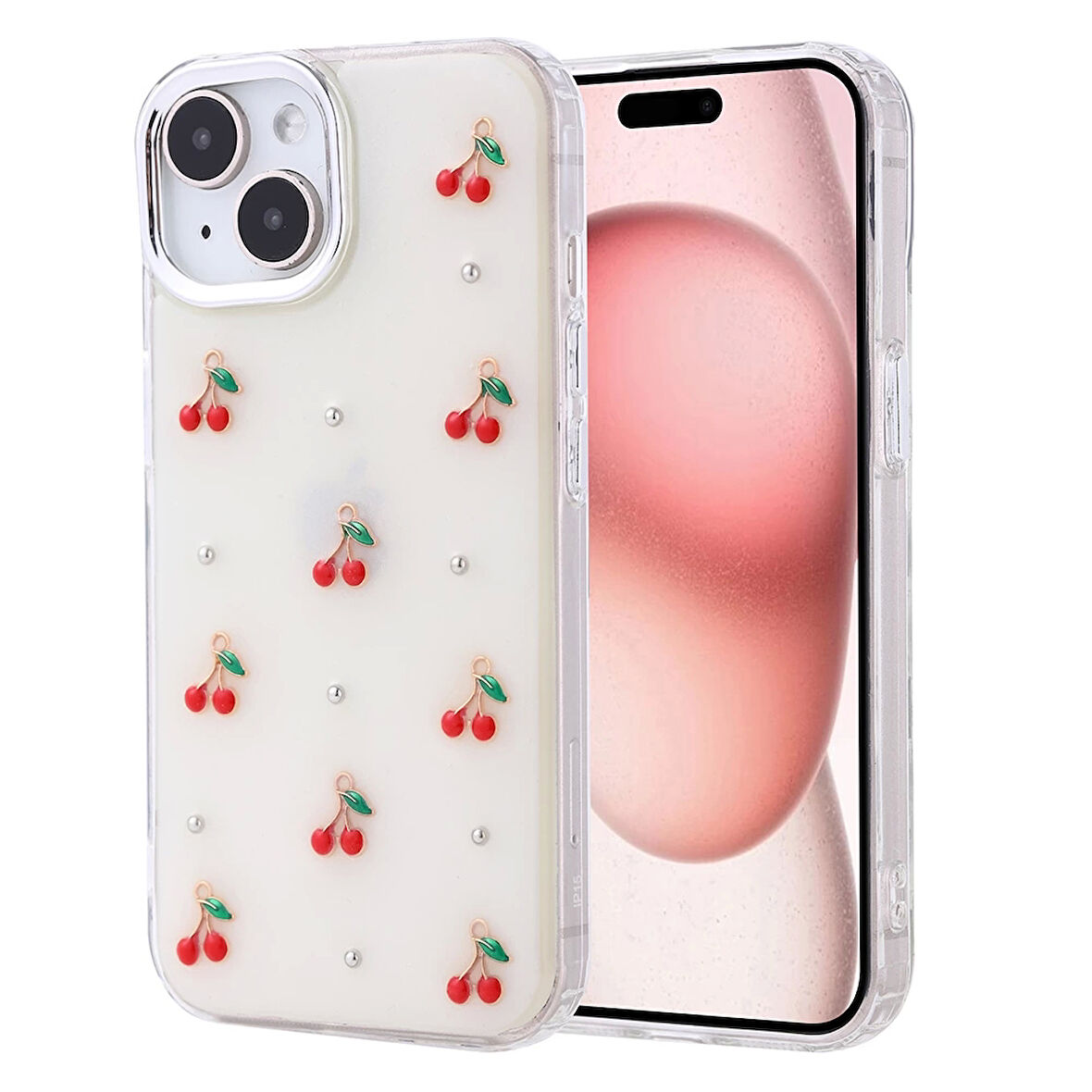 Apple İphone 15 Telefon Kılıfı Şeffaf Simli Tasarım Kapak Fiyonk, Kiraz, Yıldız, Lale Desenli