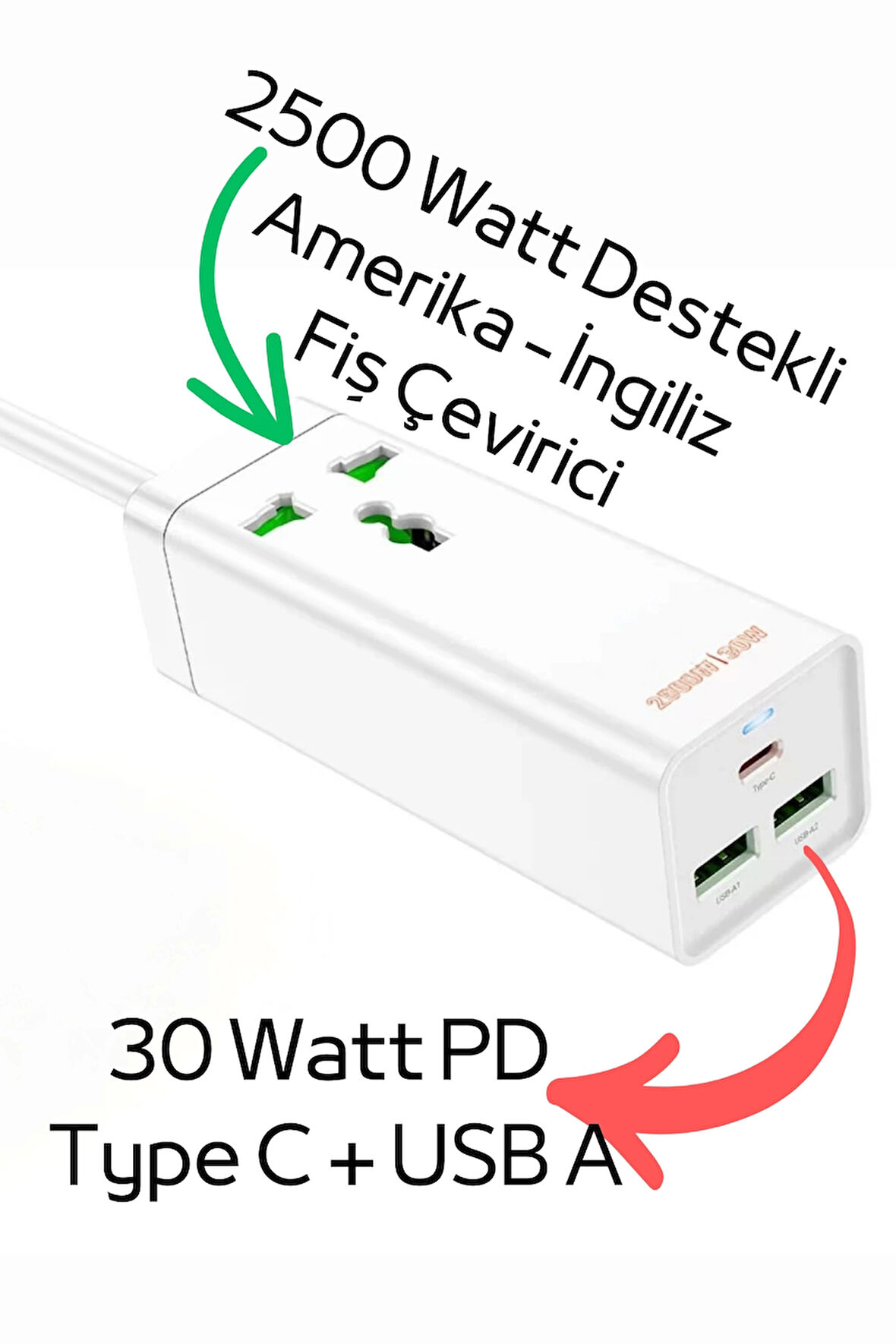 30W 2 Type-C - 1 USB-A PD Şarj Aleti, 1,5 m kablo 2500 Watt Destekli Priz Amerikan Ingiliz Fiş Dönüştürücü