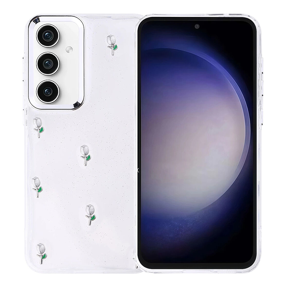 Samsung Galaxy S23 Fe Kılıf Airbag Tasarımlı Simli Şeffaf Lopard Kutup Kapak