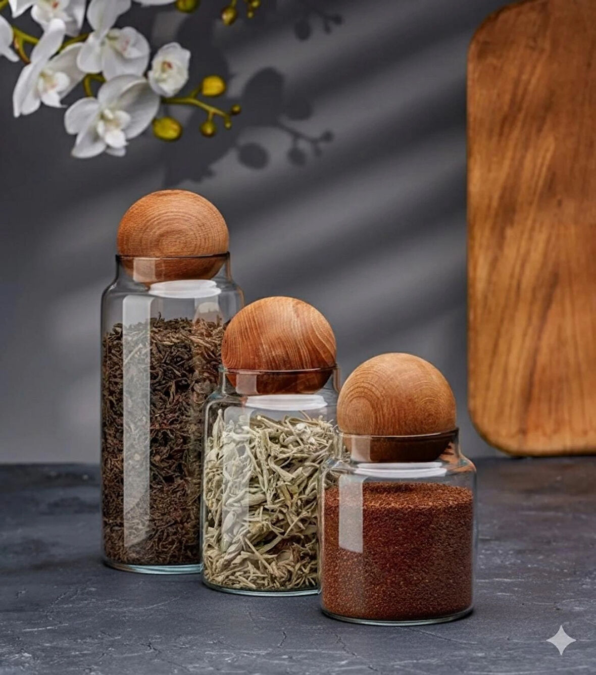 3'lü Lüks Ahşap Top Kapaklı Cam Saklama Kavanozu Seti | Çay Kahve Baharatlık Erzak Kabı
