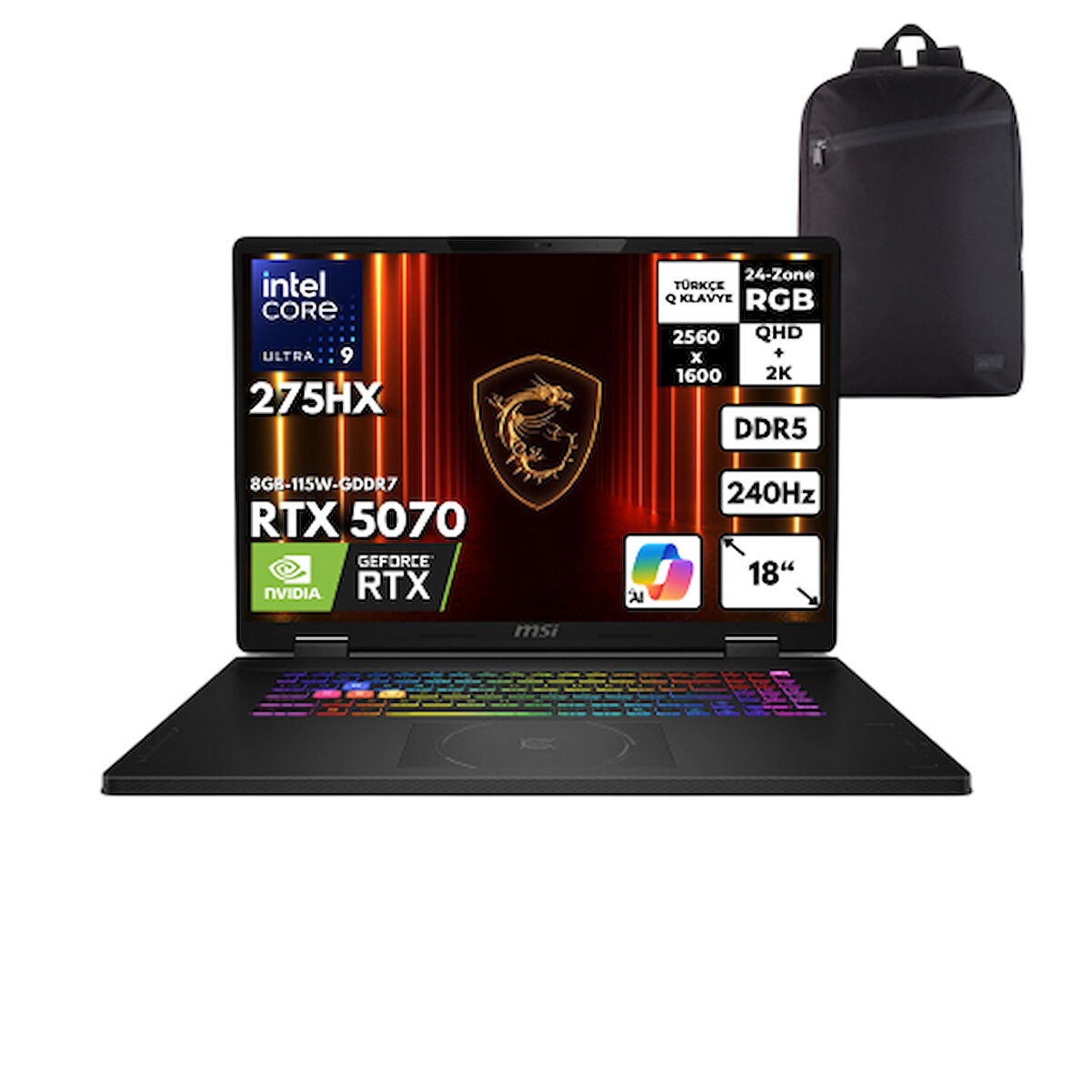 MSI CROSSHAIR 18 HX AI Ultra 9-275HX 64-GBDDR5 1 TBSSD RTX5070 (8GB-115W) 18" 2K QHD+ 240Hz Windows 10 Home + HMF Sırt Çantası A2XWGKG-032XTRHMF13