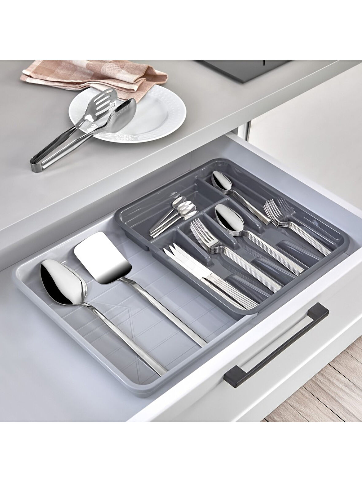 Ayarlanabilir Çekmece İçi Kaşıklık – Genişleyip Daralan Mutfak Çatal Kaşık Bıçak Düzenleyici Organiz