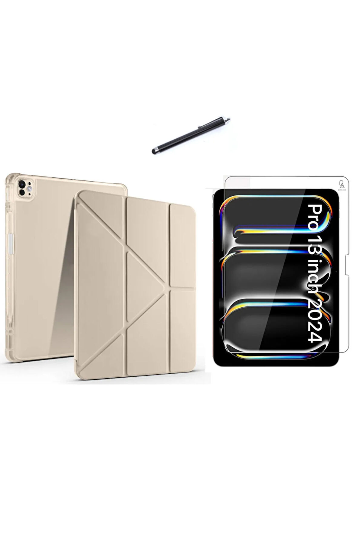 Apple iPad Pro 13 2024 M4 (A2925-A2926) Tri Fold Kalemlikli Tablet Kılıfı Ekran Koruyucu ve Kalem