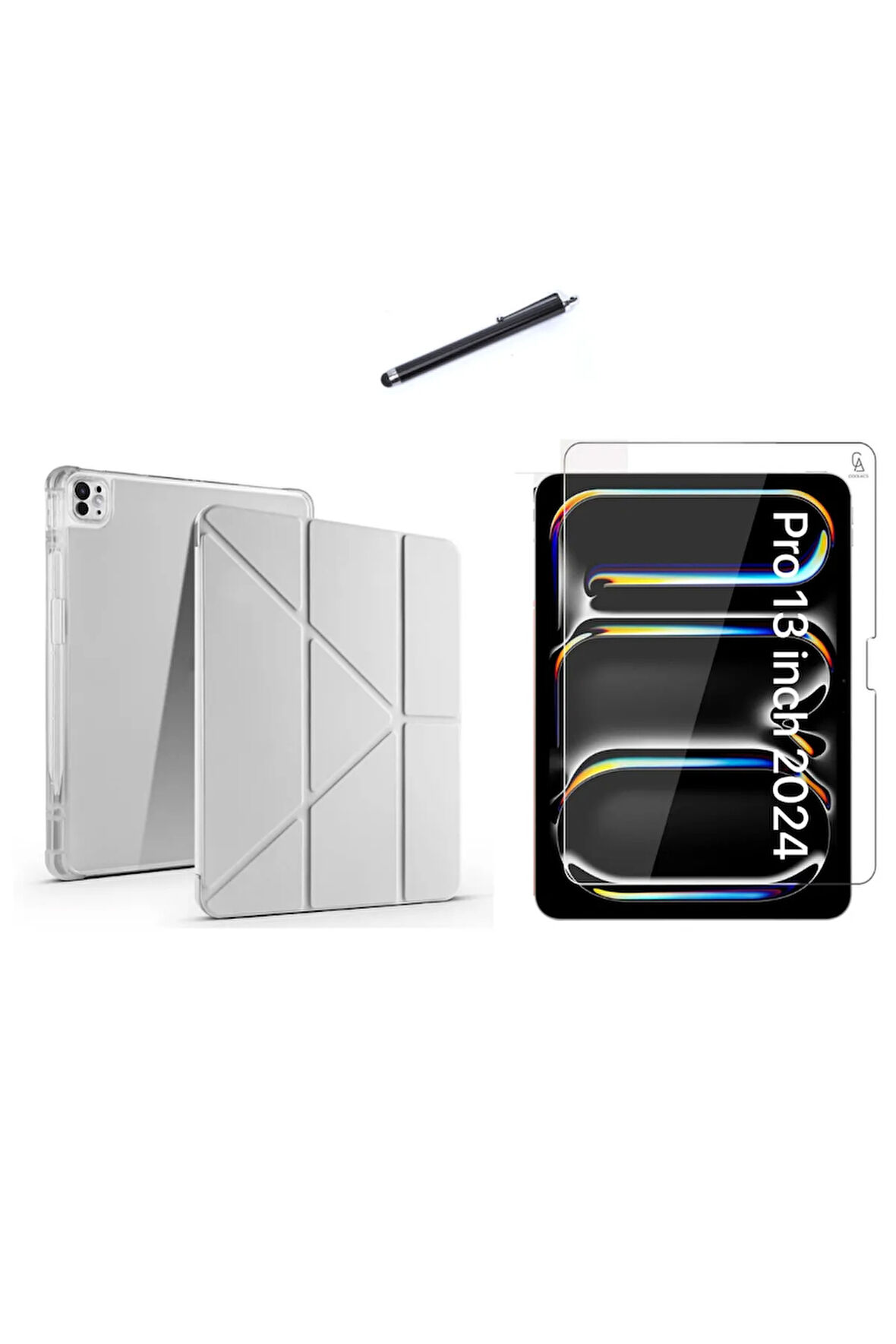 Apple iPad Pro 13 2024 M4 (A2925-A2926) Tri Fold Kalemlikli Tablet Kılıfı Ekran Koruyucu ve Kalem