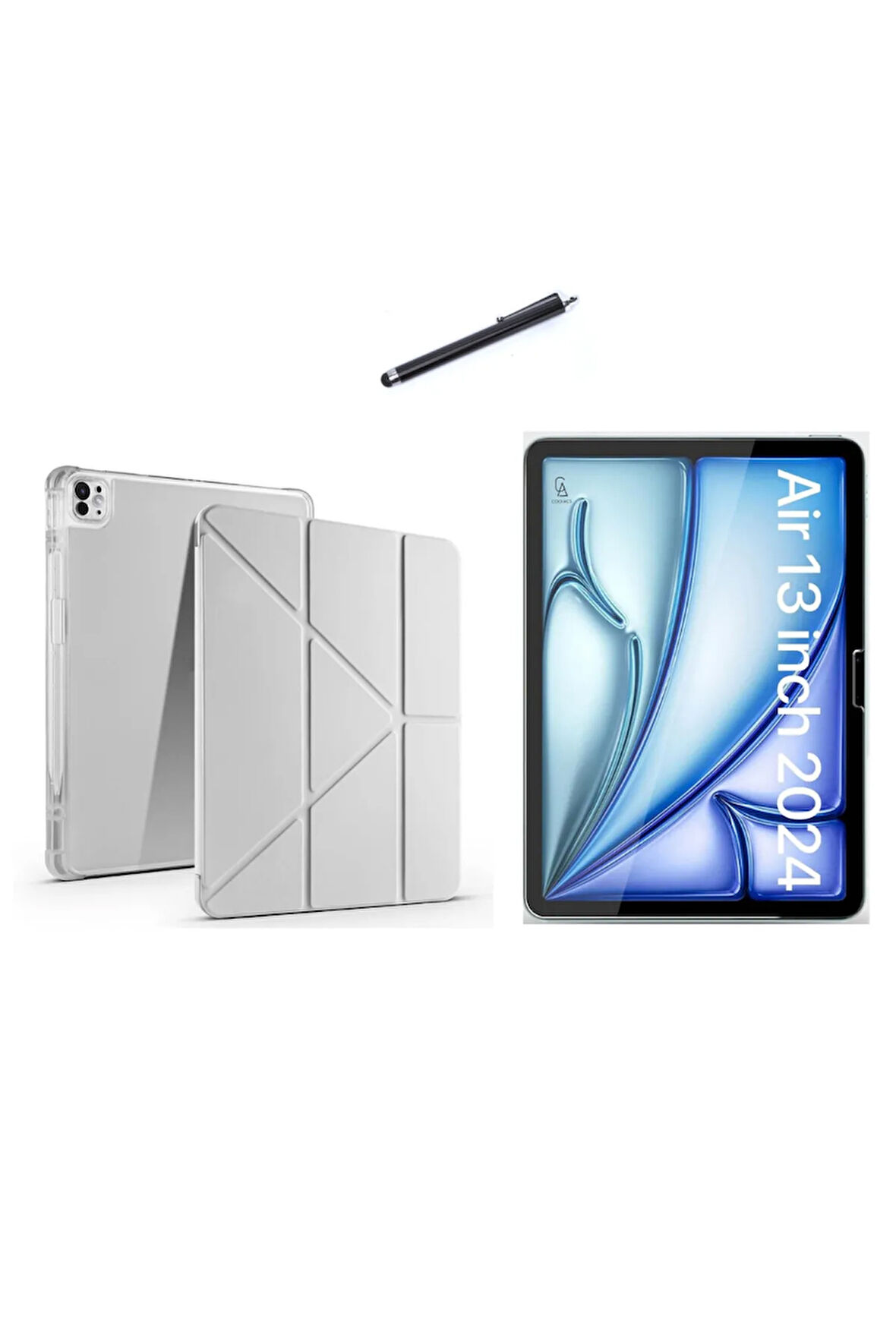 Apple iPad Air 13 Inç 2024 (A2898-A2899) Tri Fold Kalemlikli Tablet Kılıfı Ekran Koruyucu ve Kalem