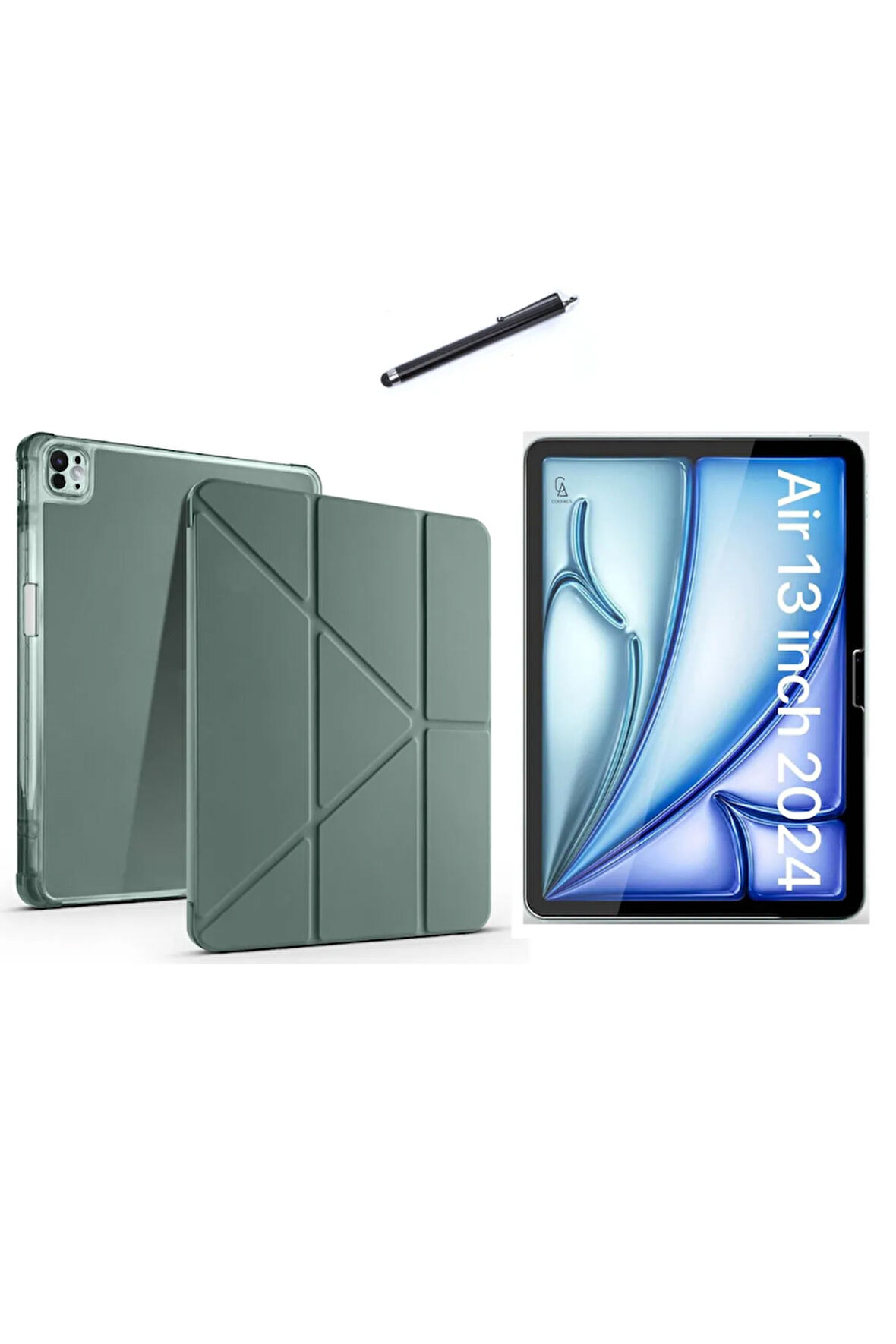 Apple iPad Air 13 Inç 2024 (A2898-A2899) Tri Fold Kalemlikli Tablet Kılıfı Ekran Koruyucu ve Kalem