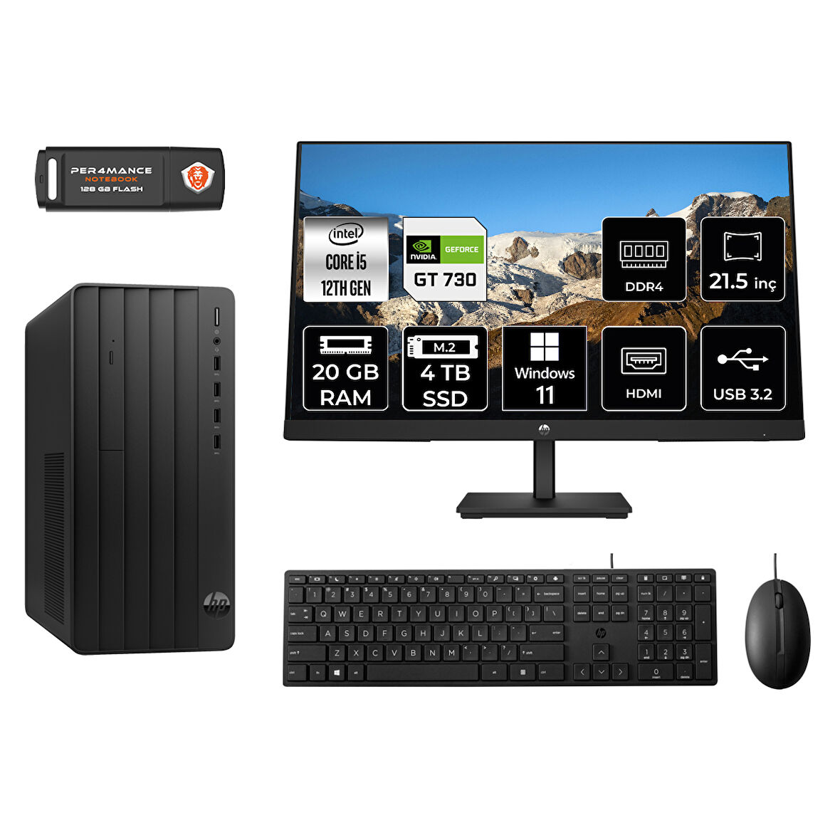 HP PRO TOWER 290 G9 MA5EAD370 i5 12500 20GB RAM 4TB SSD GT730 4GB 21.5" W11H MASAÜSTÜ PC