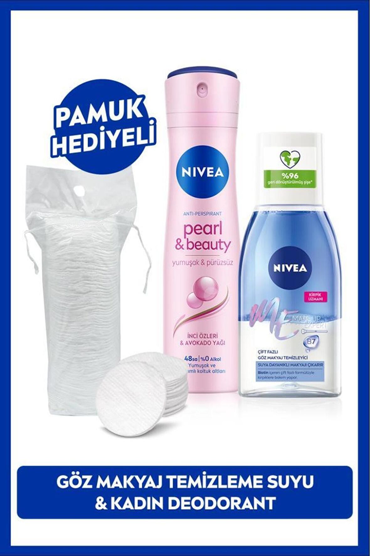 Nivea Çift Fazlı Göz Makyaj Temizleme Suyu 125ML ve Kadın Sprey Deodorant Pearl&Beauty 150ml, Pamuk Hediye