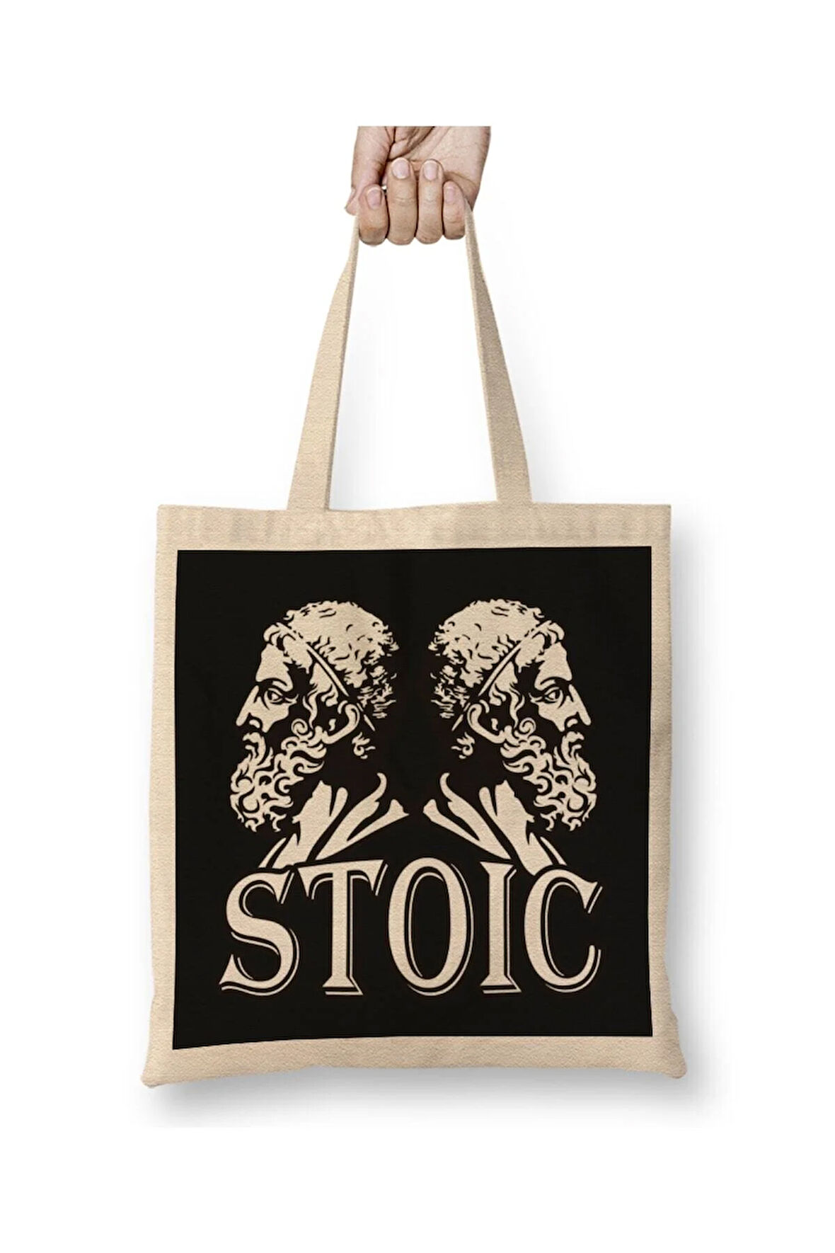 Stoic Happiness Depends On Your Thoughts Quote Marcus Aurelius Beyaz Bez Çanta Uzun Saplı