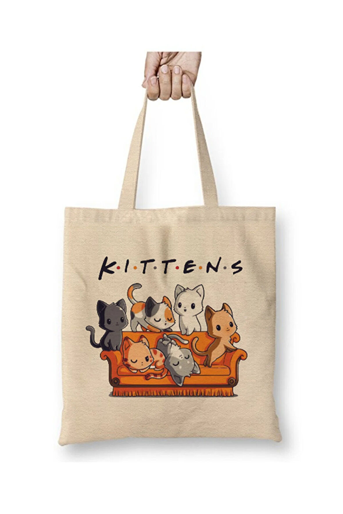 Kittens Friends Kediler Cats Beyaz Bez Çanta Uzun Saplı Alışveriş Çantası Plaj Çantası