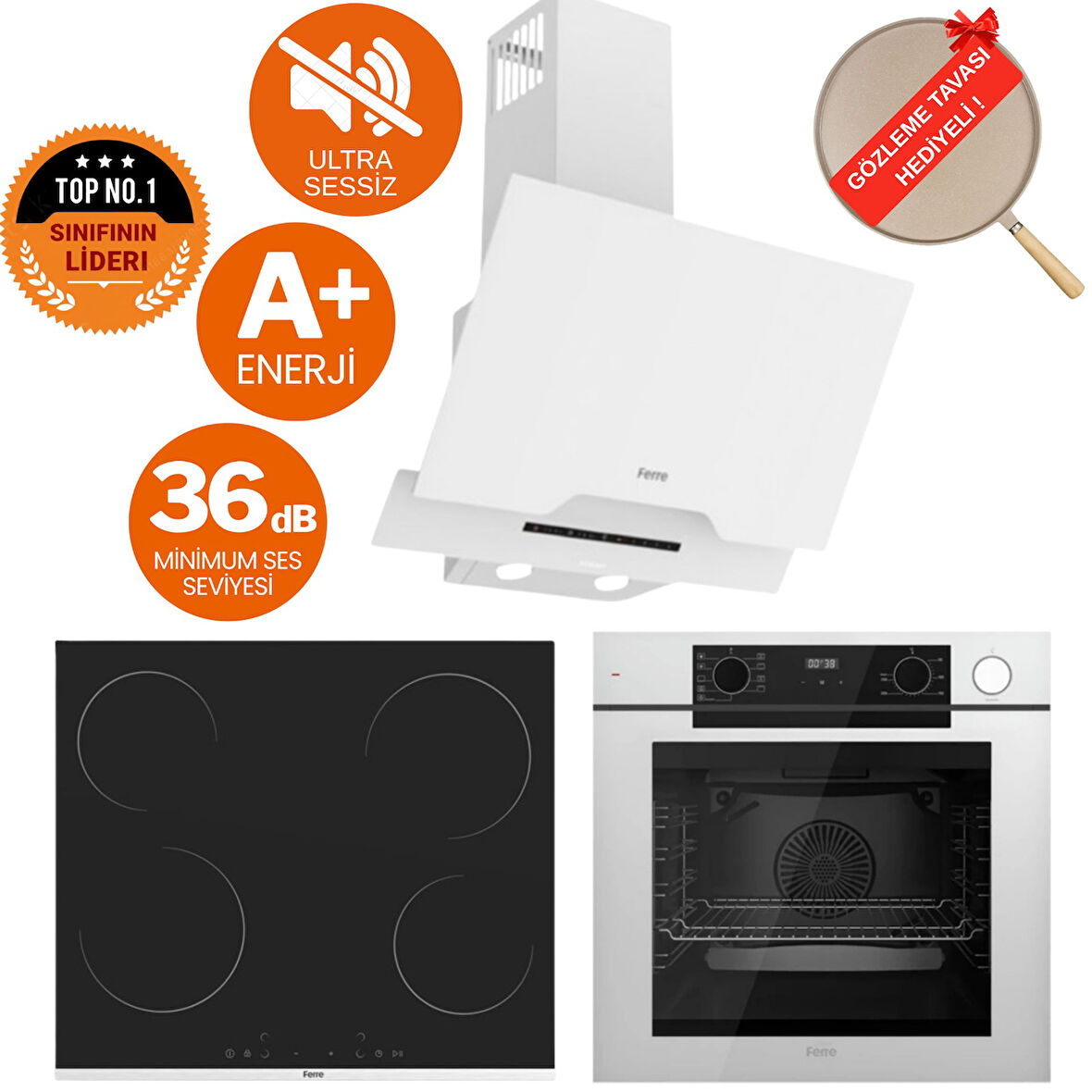 Ferre FryArt& Buharlı Lucido Sessiz Davlumbaz Elektrikli Beyaz Ank. Set (D064-SA + MS261 + QEP64CB)