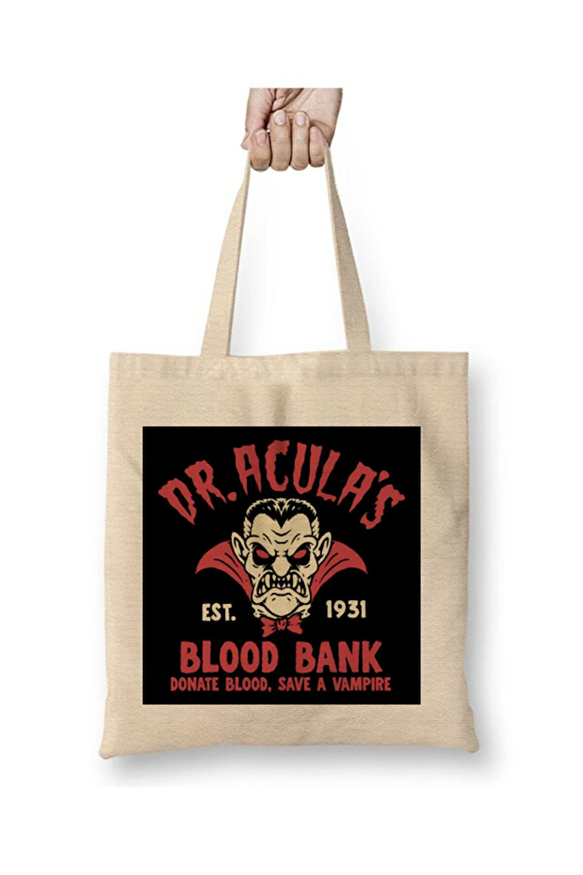 Kont Dracula Vampir Beyaz Bez Çanta Uzun Saplı Alışveriş Çantası Plaj Çantası