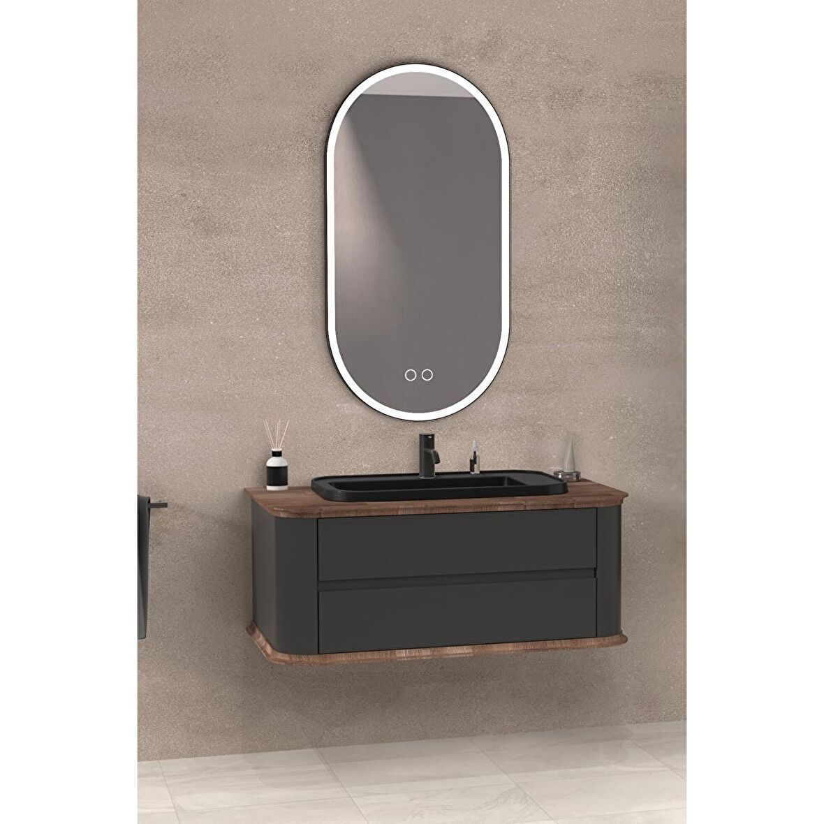 PIER 100 CM SİYAH LAVABOLU BANYO DOLABI ANTRASİT / KAYIN 
